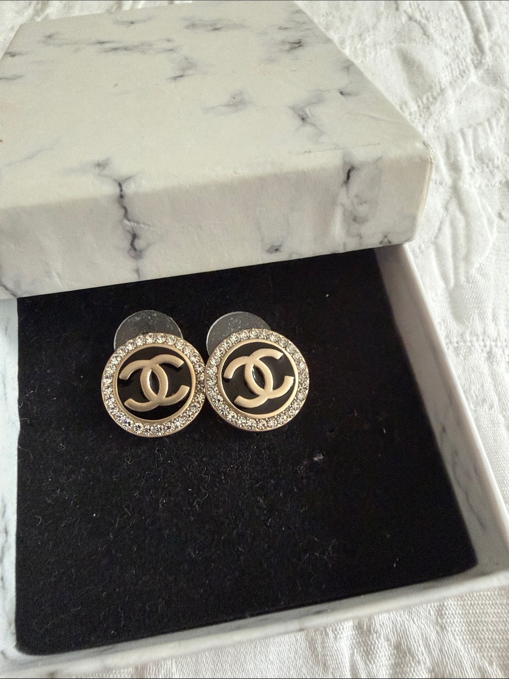 Authentic repurposed:CHANEL Black and Gold Crystal Rim Earrings